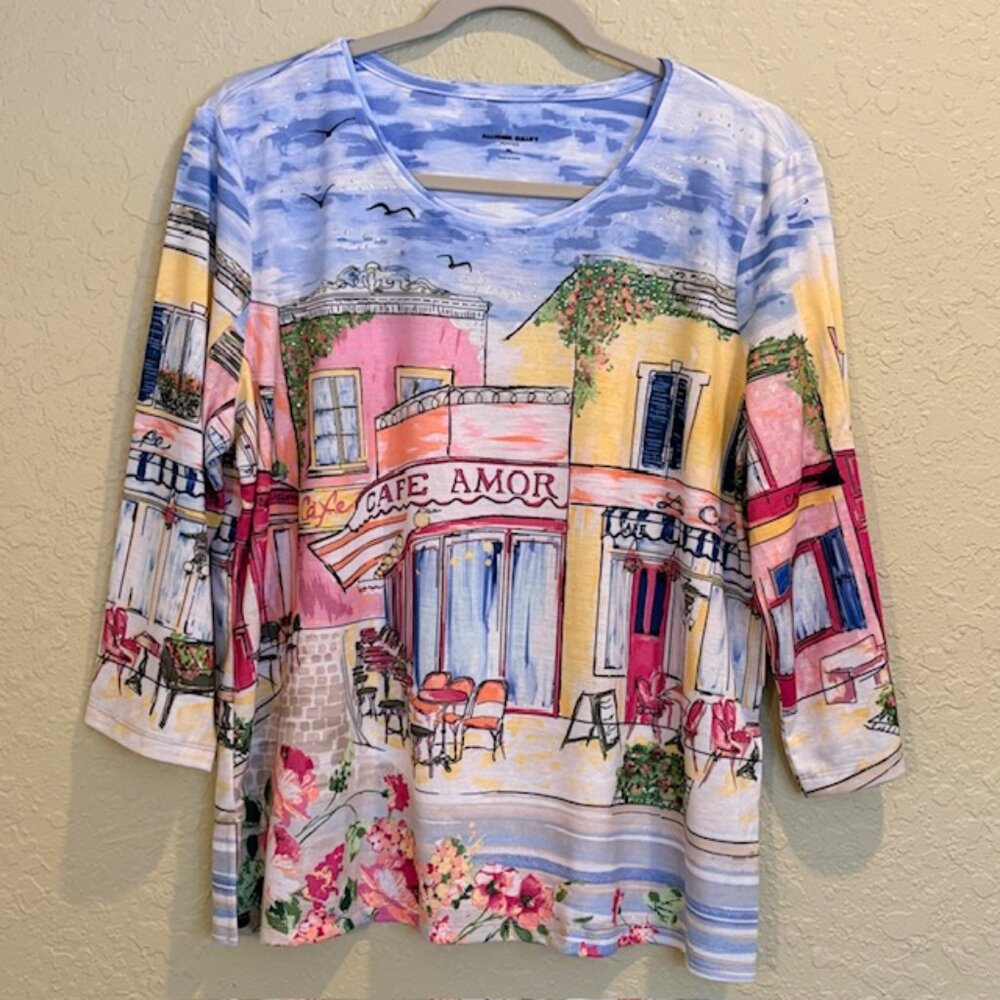 Allison Daley Womens PL Jersey Knit Pullover 3/4 Sleeve Top Cafe Amor Print NWT - Picture 2 of 12